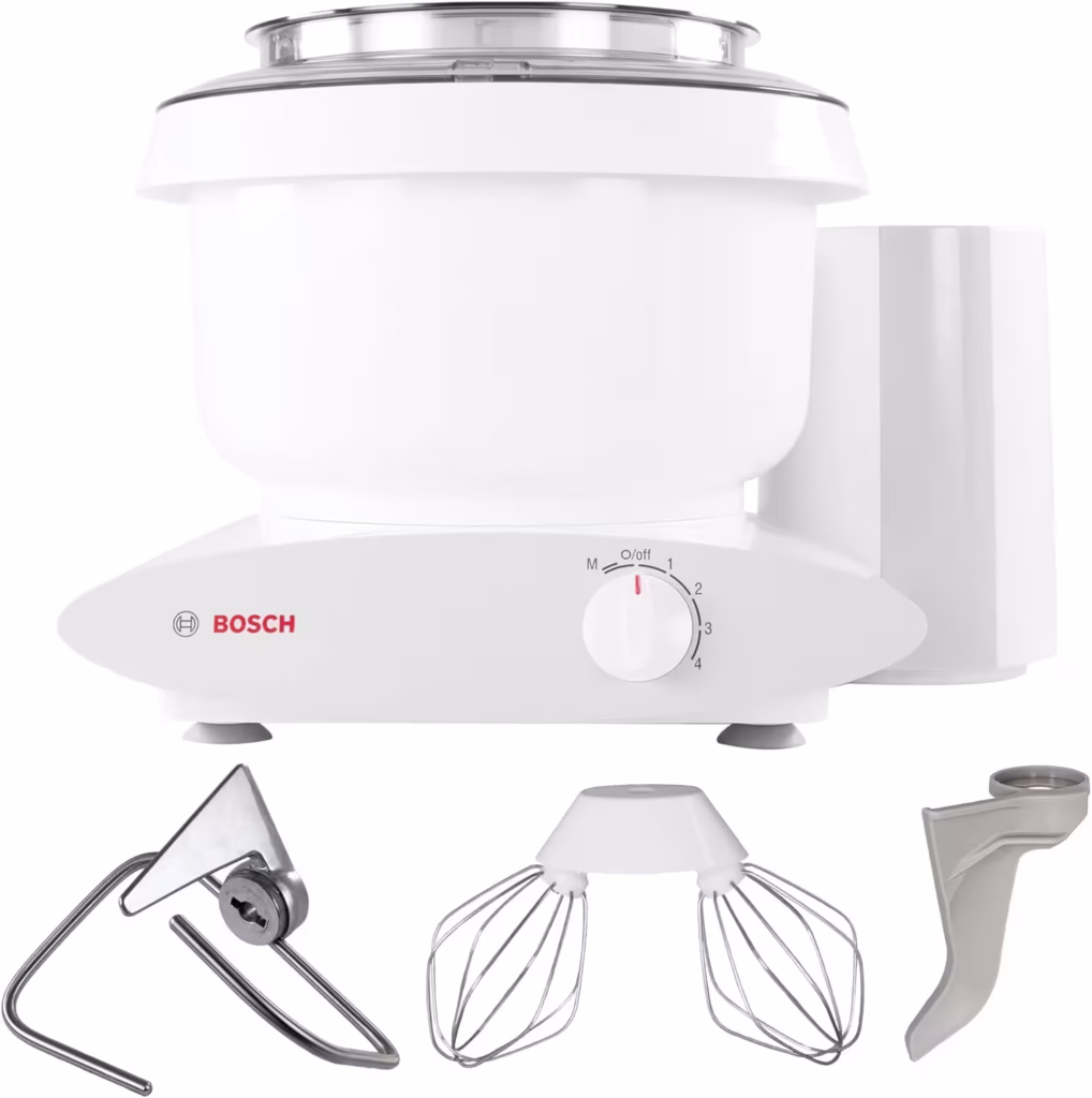 Bosch Universal Plus 6.5 Quart Stand Mixer with dough hook, a powerful and lightweight machine specifically designed for serious bread making.