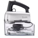 Breville Handy Mixer Scraper, a compact and quiet handheld mixer with multiple attachments, ideal for small kitchens.