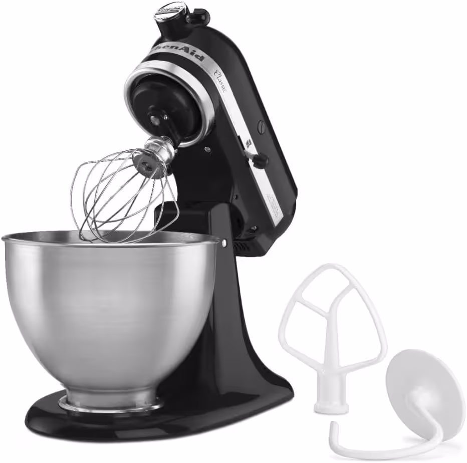KitchenAid Classic Series 4.5 Quart Tilt-Head Stand Mixer in (Color) on a counter, perfect for beginner bakers.