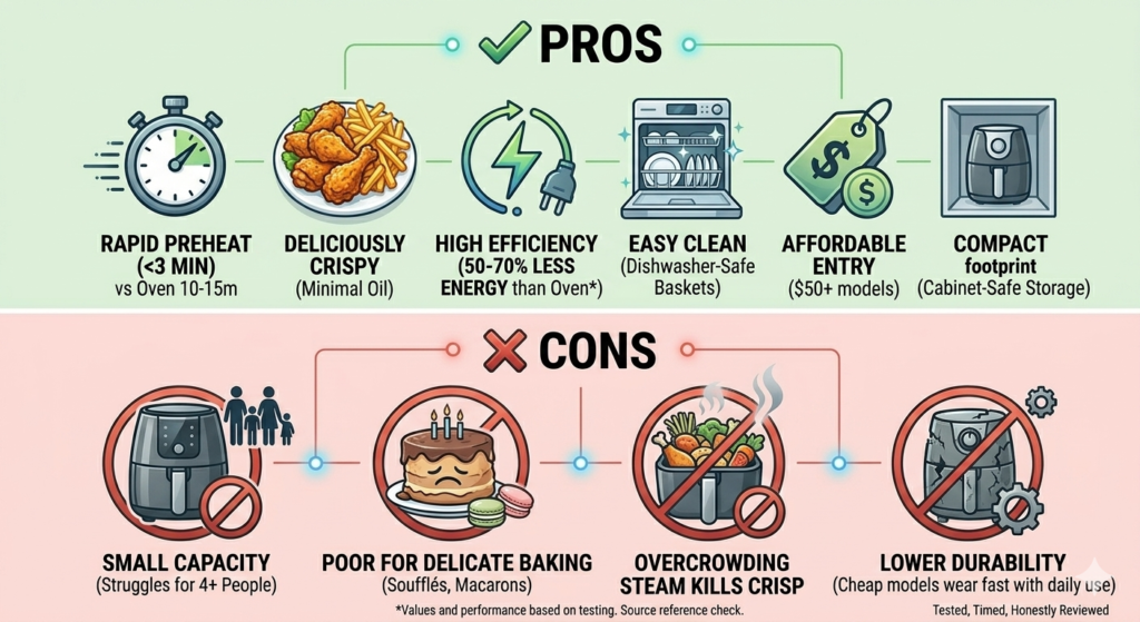 Infographic displaying the honest pros and cons of an air fryer, highlighting rapid preheat, crispiness, and energy efficiency versus small capacity and poor delicate baking.