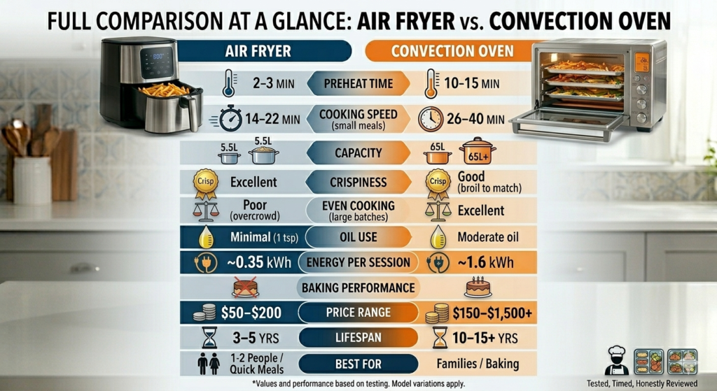 A comprehensive comparison infographic table between an air fryer and a convection oven across key features like speed, capacity, energy use, and price.