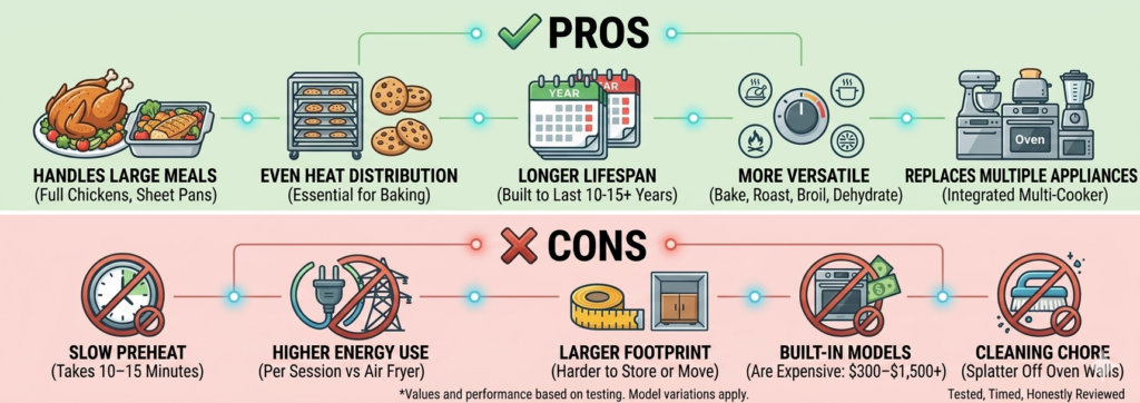 Infographic showing the pros and cons of a convection oven, emphasizing large meal capacity, even heat distribution, and versatility against slow preheating and high energy use.