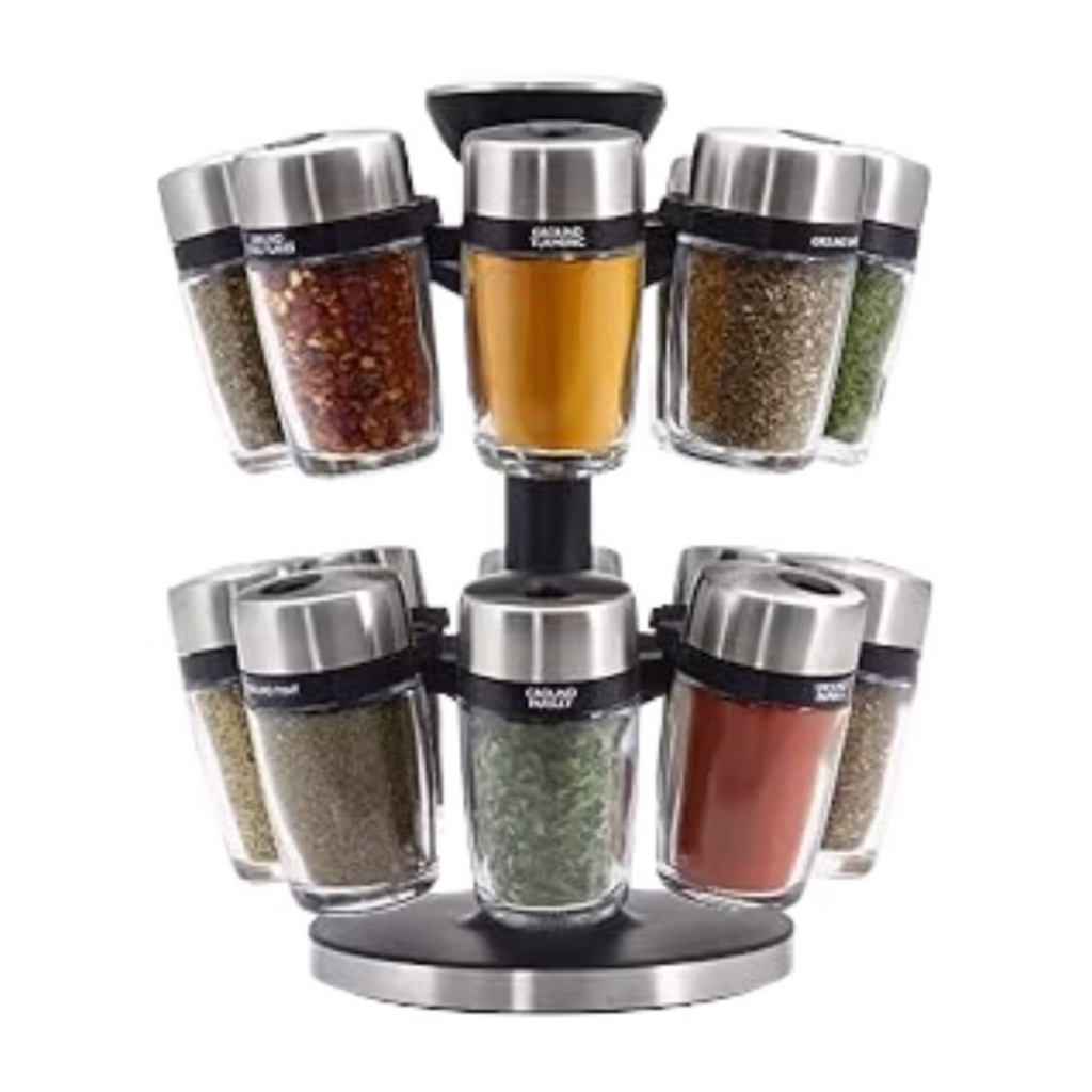 Cole & Mason 16 jar tiered spice carousel with premium glass jars and stainless steel caps.