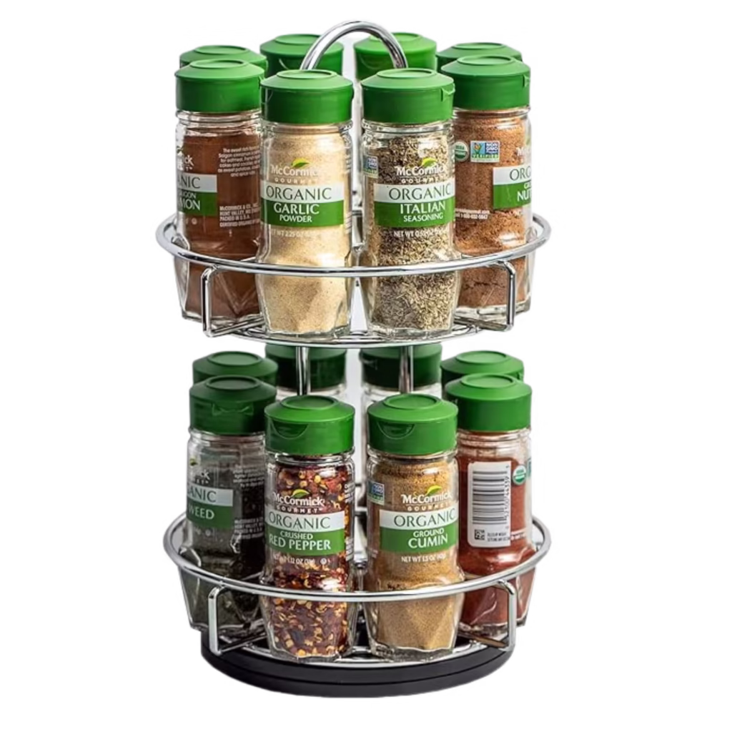McCormick two-tier metal spice organizer with included gourmet and organic spices.