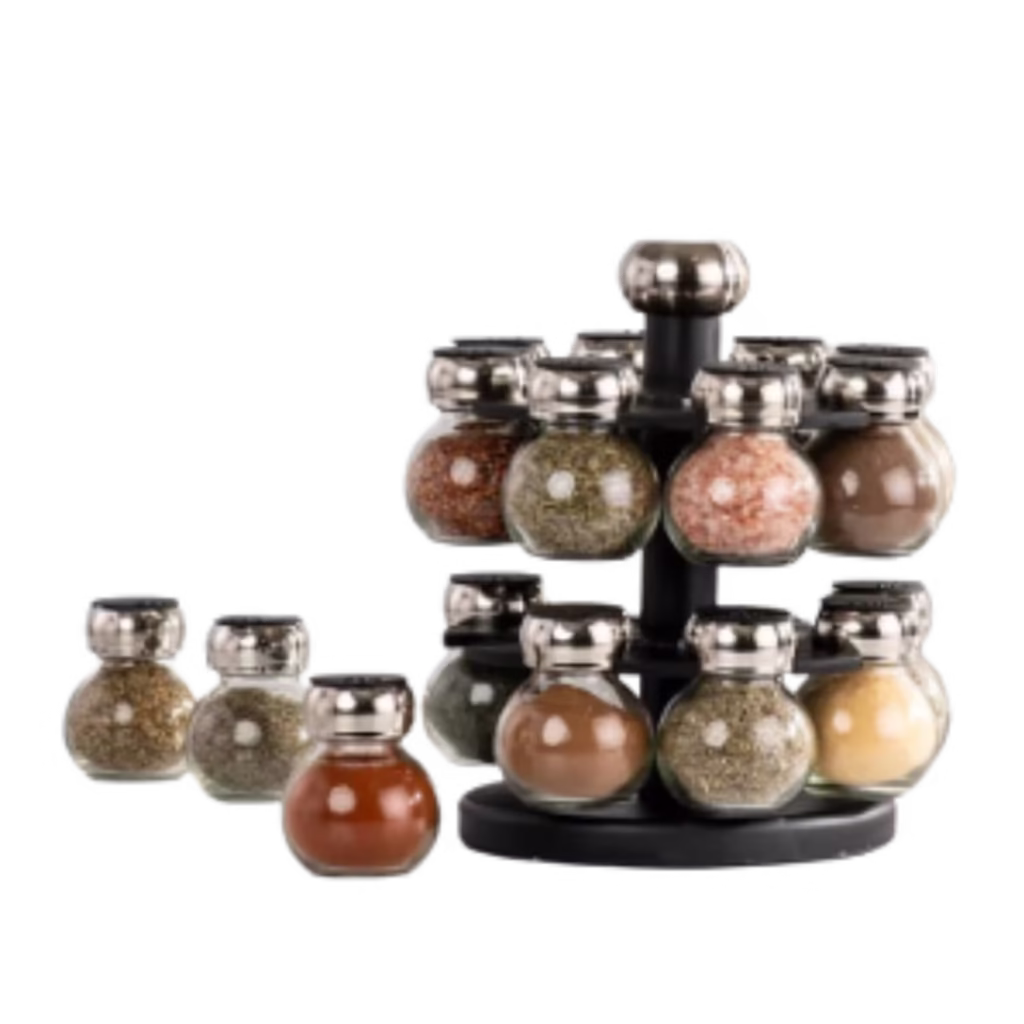 Olde Thompson Orbit 16-jar rotating chrome spice rack with sealed glass jars and clear printed caps.