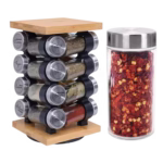 Orii 16-jar rotating spice rack with bamboo carousel and 16 prefilled glass jars with labeled lids including basil, oregano, paprika, and cinnamon.