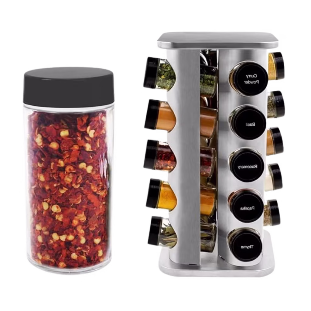Orii 20-jar revolving spice rack with large 3oz glass jars prefilled with spices like turmeric and mustard for families.