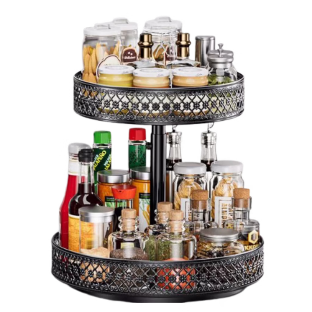 OVICAR black 2-tier lazy susan spice rack with adjustable height for tall oil and spice bottles.