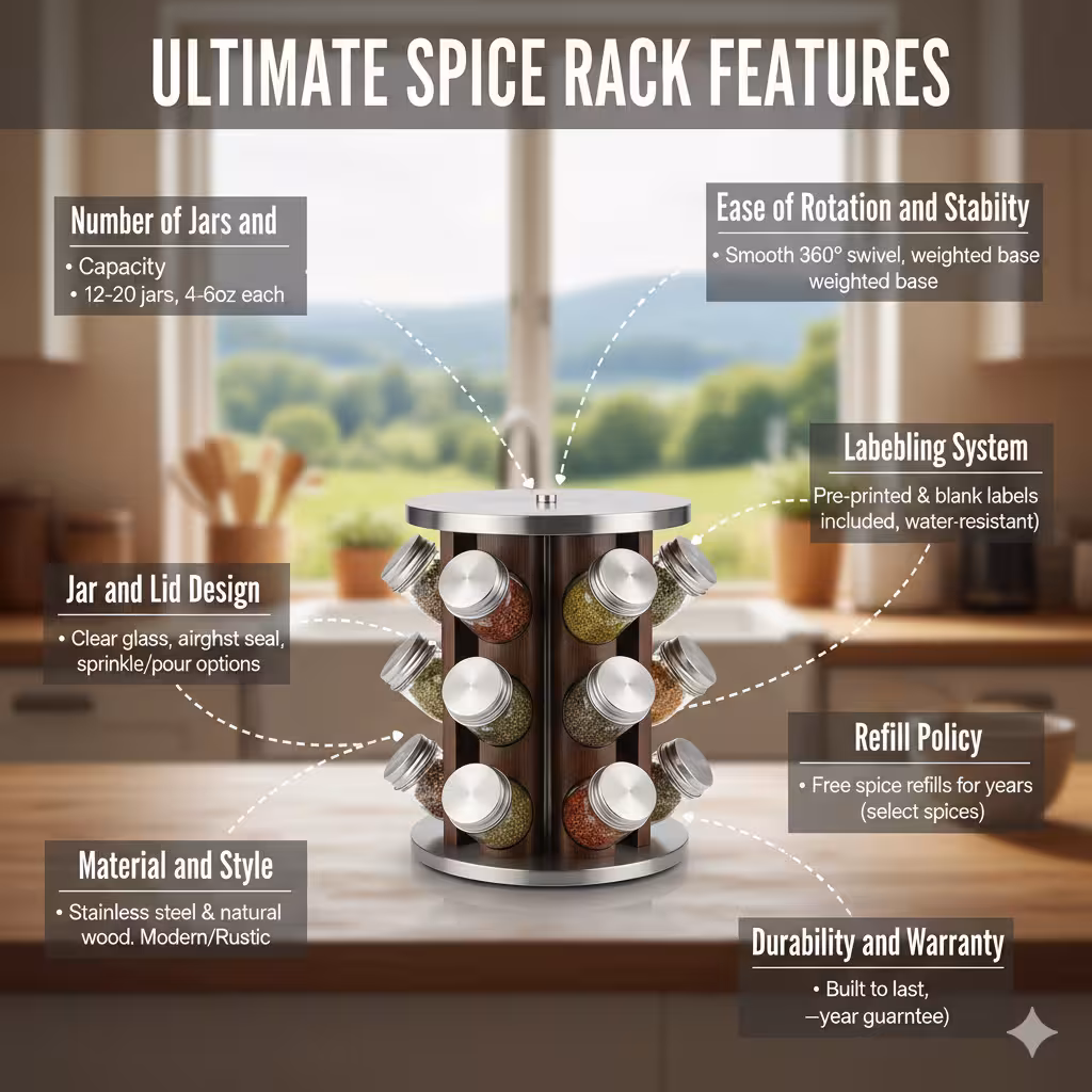 : Detailed spice rack comparison chart evaluating key buying factors: jar capacity, 360-degree rotation, airtight glass jars, labeling, refill policies, materials, and warranty.