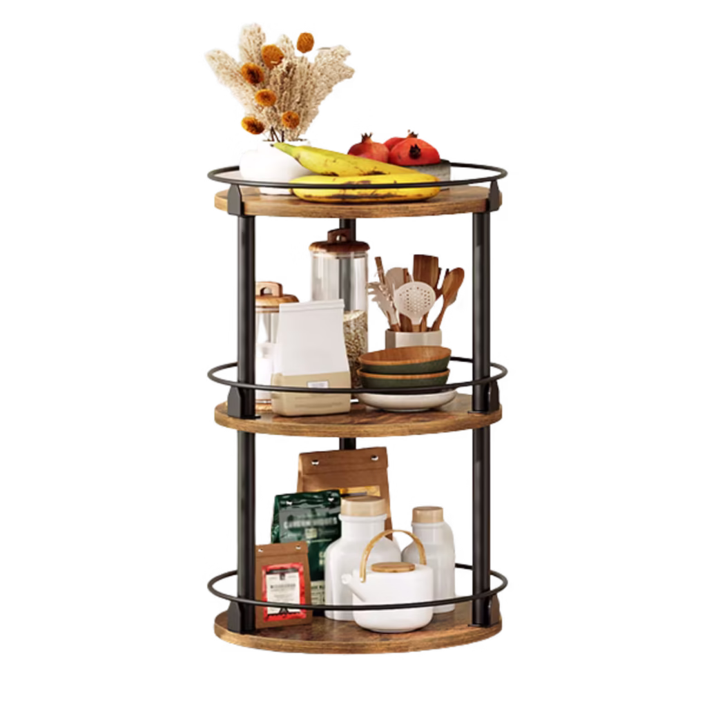 YATINEY 3-tier lazy susan spice organizer in rustic brown for maximum vertical pantry capacity.