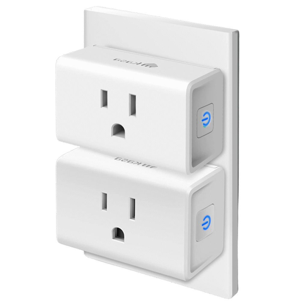 Two compact white Kasa Smart Plug Minis installed in a dual wall outlet without blocking space.