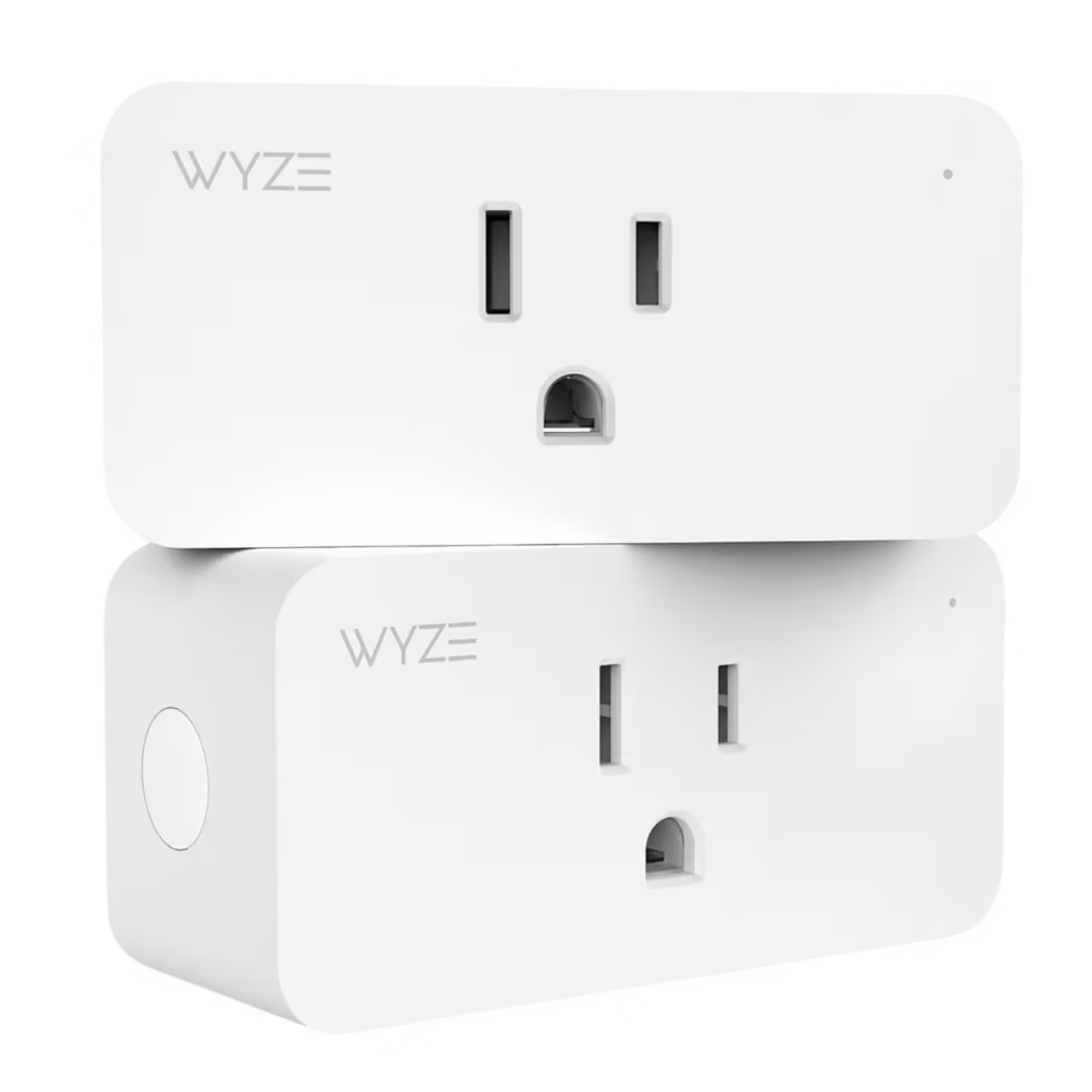 Wyze Plug in an outlet with a lamp turned on, demonstrating the Vacation Mode feature in the app.