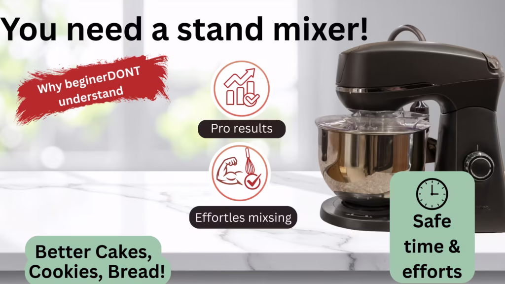 Infographic: Why professional bakers use stand mixers - better texture, consistent results, and time savings for cakes, cookies, and bread